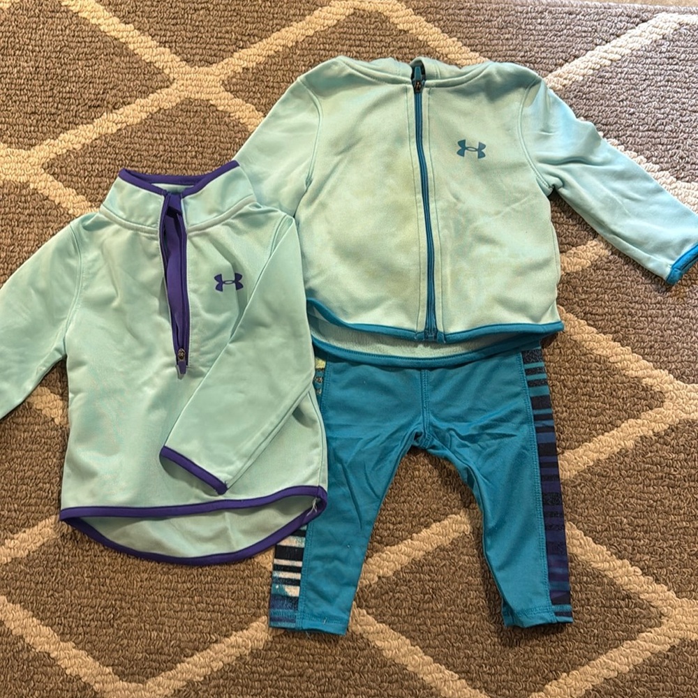 12 month Under Armour girls blue set. Pants, full zip and quarter zip